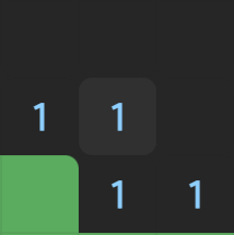 9 minesweeper tiles, hovering over a tile with 1 in the middle and unrevealed tile in bottom left