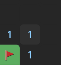 9 minesweeper tiles, hovering over a tile with 1 in the middle and a now flagged tile in bottom left